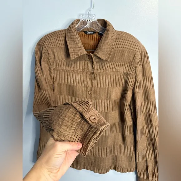 Toni Morgan Medium Chocolate Brown Jacket Button Down Pleated Collared Patterned - Picture 8 of 16